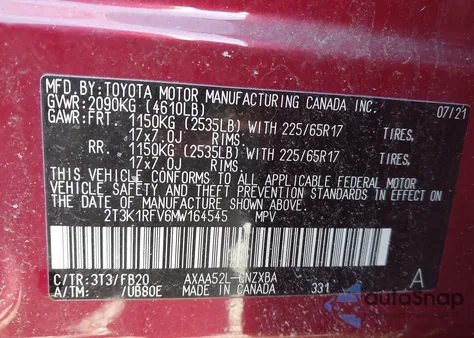 2021 Toyota Rav4 Le из США, поврежденный, VIN 2T3K1RFV6MW164545